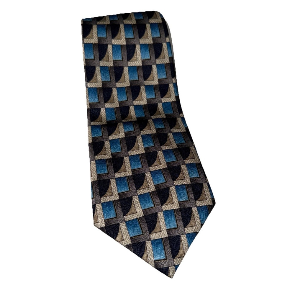 JOHN HILL Men's 100% Silk Necktie ITALY Geometric Gray/Black/Blue/Silver